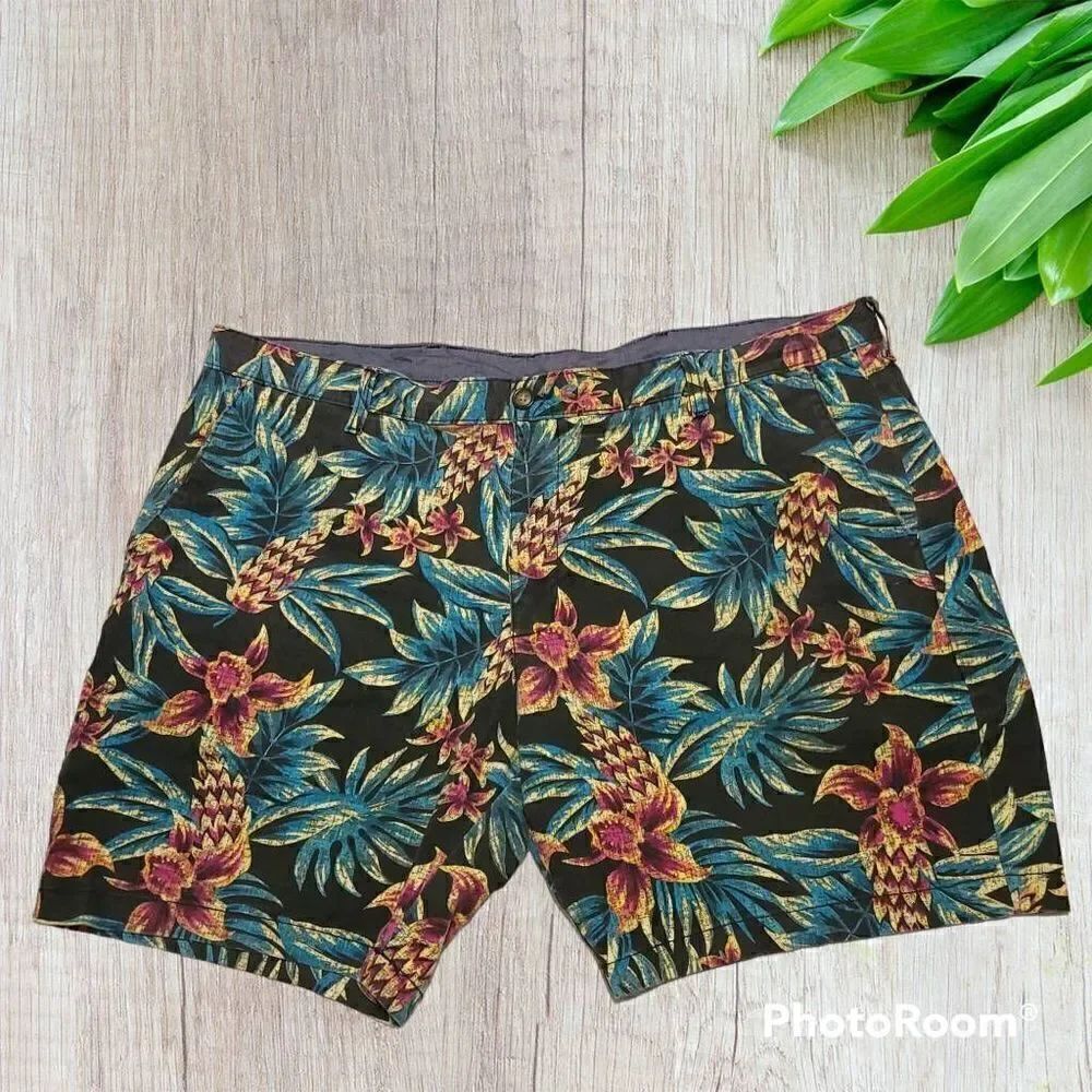 George Men's Shorts 42 Hawaiian Caribbean Vacation Bermuda Black Palm Tree Green